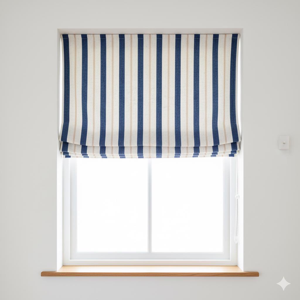 Pure Linen Roman Shade: Navy Blue & Beige Farmhouse Stripe — image 2