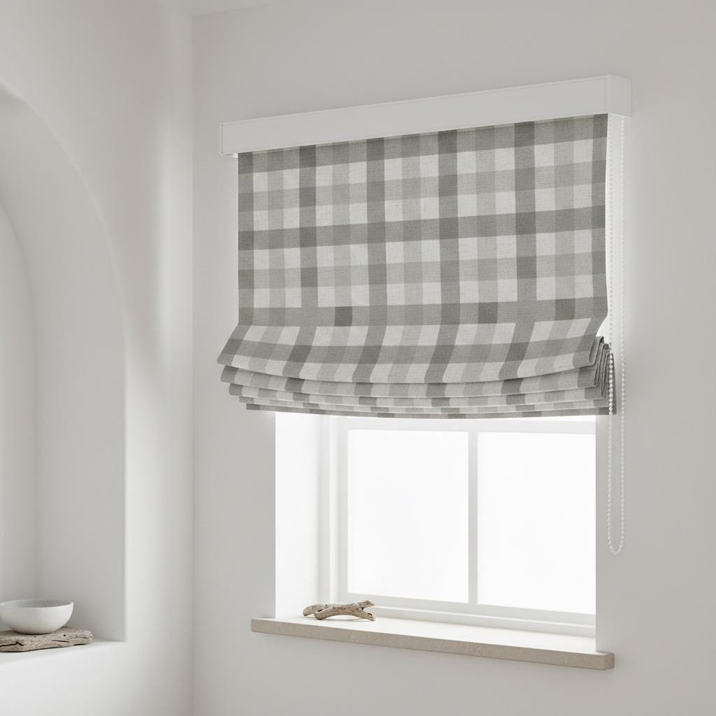 Custom Gray Gingham Linen Roman Shade, Farmhouse Style, Blackout or Light Filtering — image 3