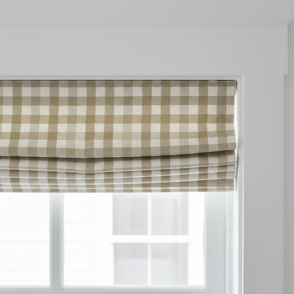 Olive Green Gingham Linen Roman Shade, Custom Farmhouse Window Blind — image 1