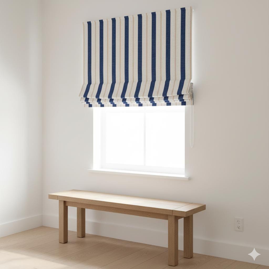 Pure Linen Roman Shade: Navy Blue & Beige Farmhouse Stripe — image 3