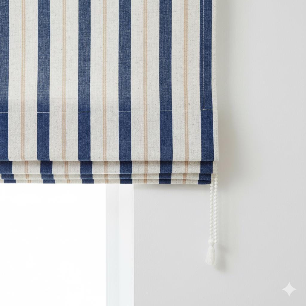 Pure Linen Roman Shade: Navy Blue & Beige Farmhouse Stripe — image 4