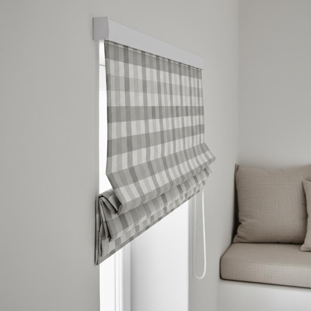Custom Gray Gingham Linen Roman Shade, Farmhouse Style, Blackout or Light Filtering — image 6