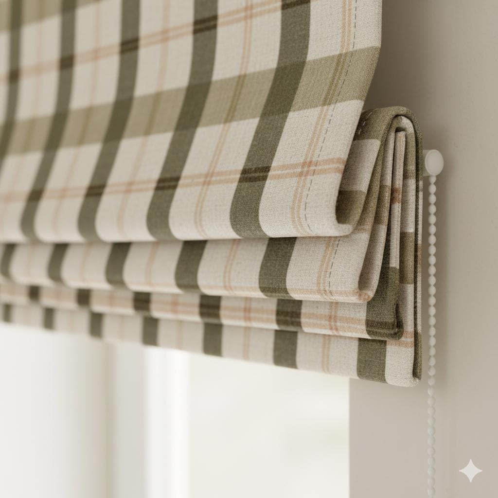 Roman Shade: Linen with Olive Green Checks (Custom Size, Blackout or Light Filtering) — image 1