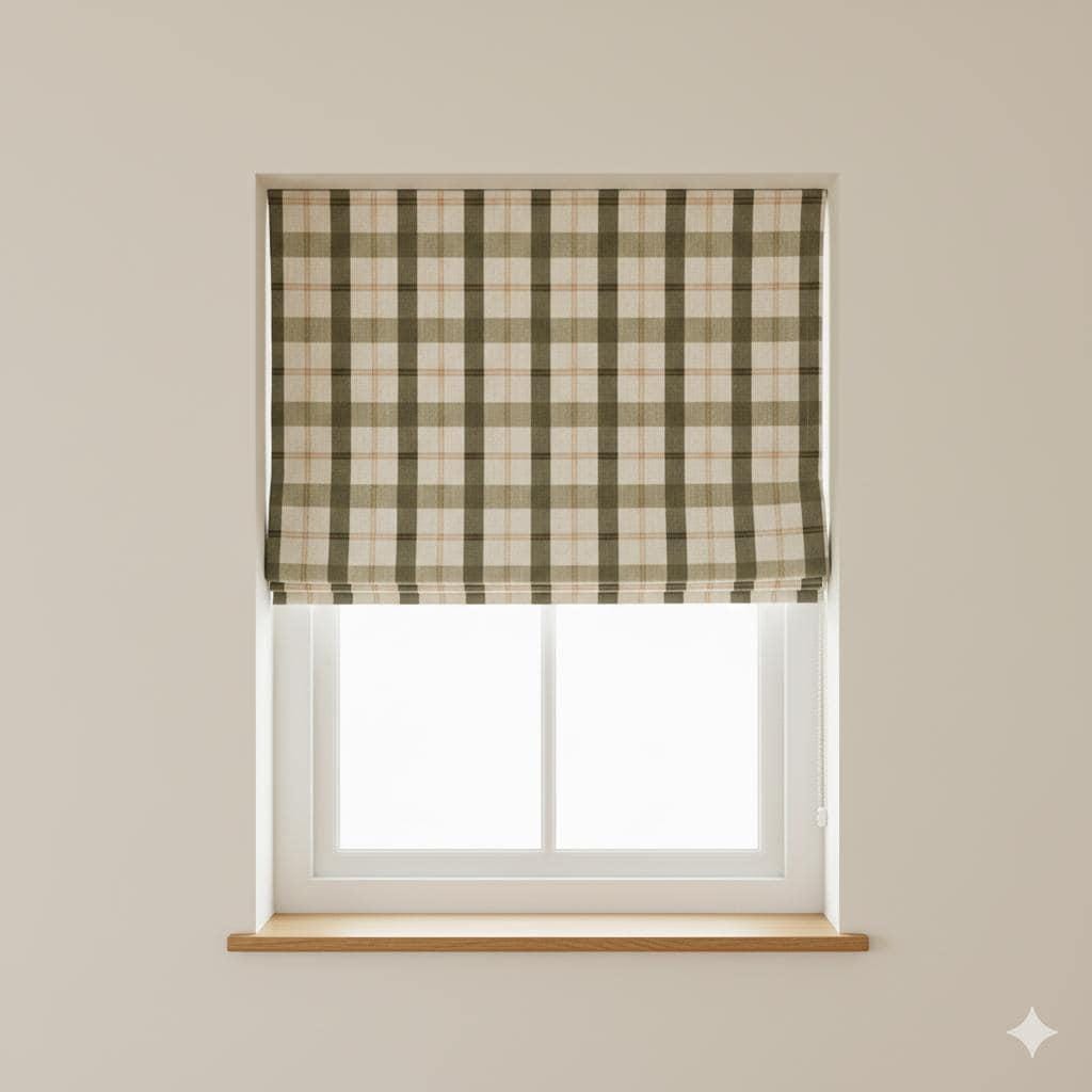 Roman Shade: Linen with Olive Green Checks (Custom Size, Blackout or Light Filtering) — image 1