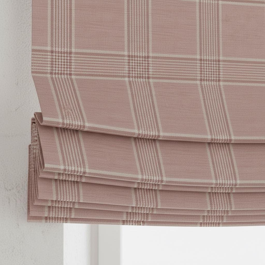 Mauve Blush Plaid Linen Roman Shade, Custom Corded Farmhouse Window (Light Filtering or Blackout) — image 1