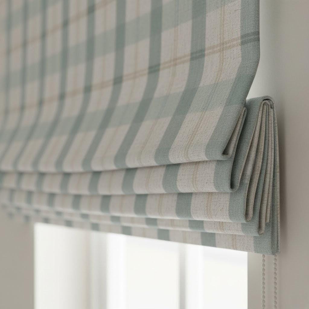 Roman Shade: Duck Egg Blue Farmhouse Check - Custom Linen Blind — image 1