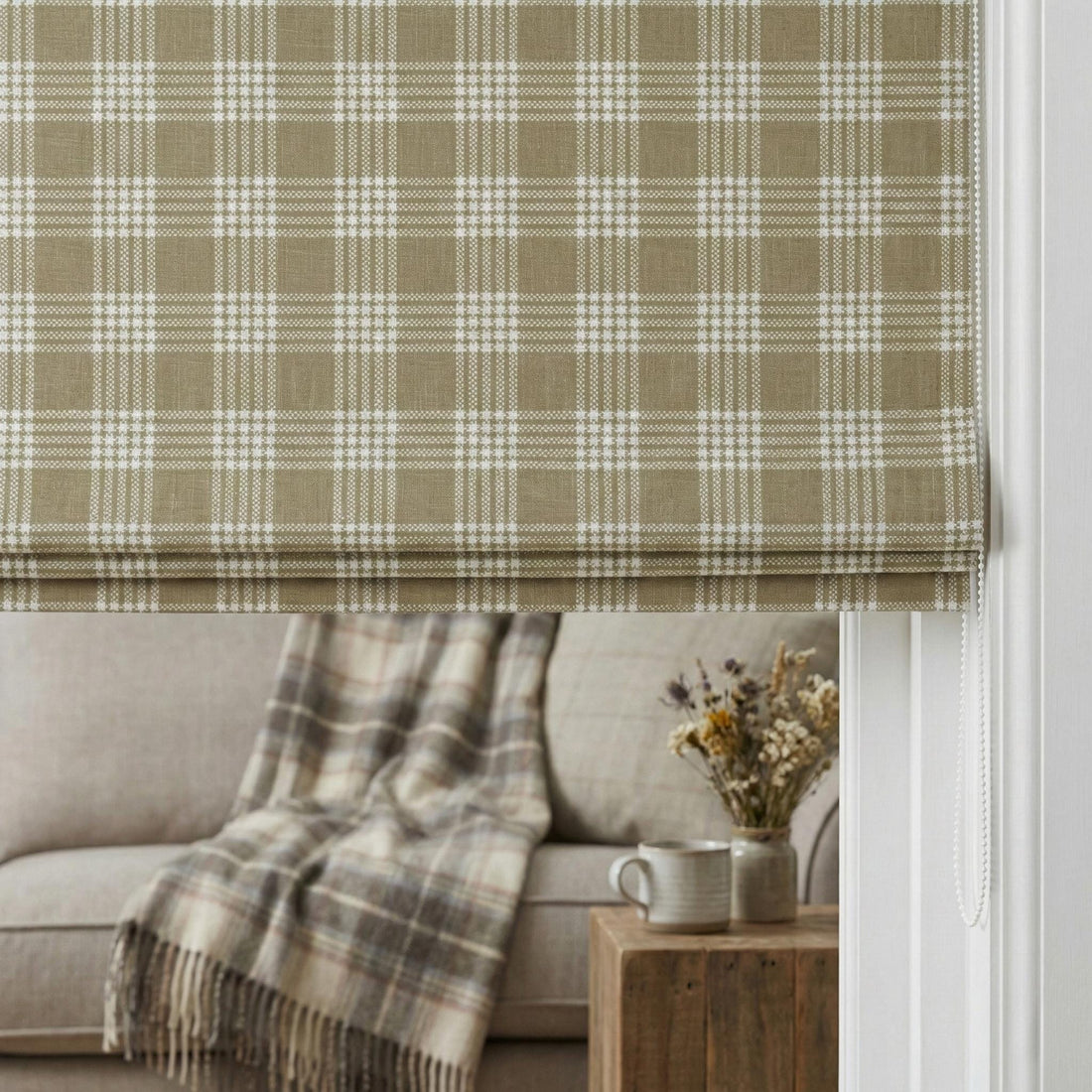 Olive Green Plaid Linen Roman Shade, Farmhouse Window Blind, Custom Made to Measure — image 1
