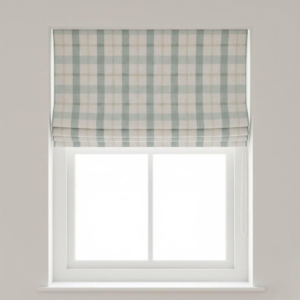 Roman Shade: Duck Egg Blue Farmhouse Check - Custom Linen Blind — image 3