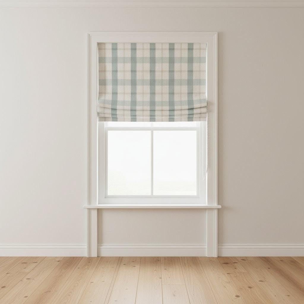 Roman Shade: Duck Egg Blue Farmhouse Check - Custom Linen Blind — image 5