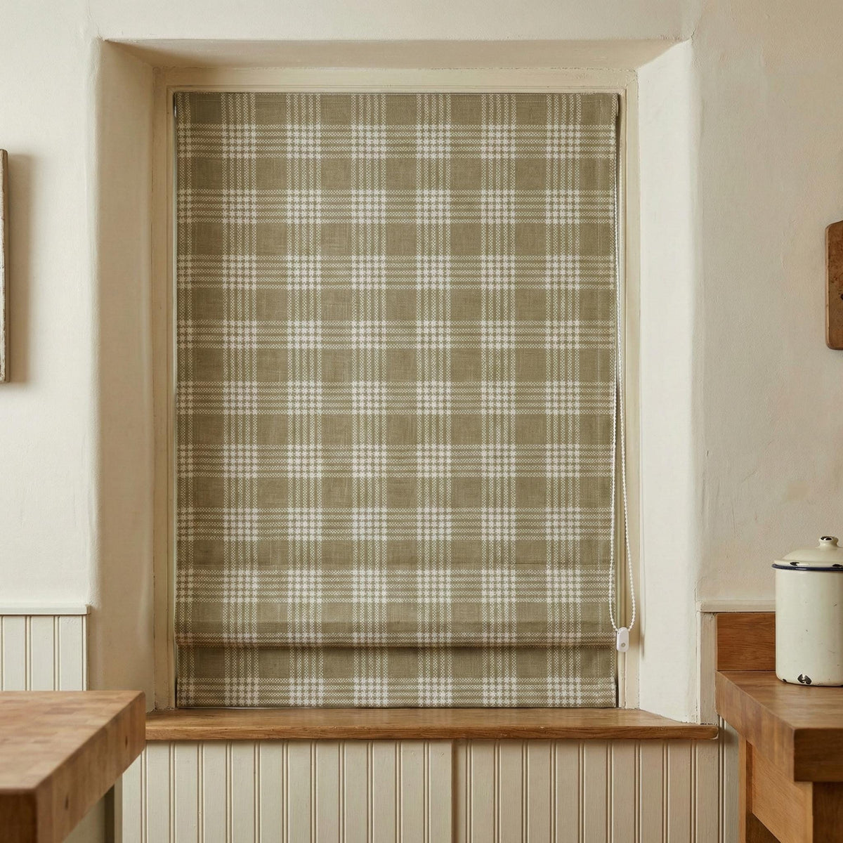 Olive Green Plaid Linen Roman Shade, Farmhouse Window Blind, Custom Made to Measure — image 4