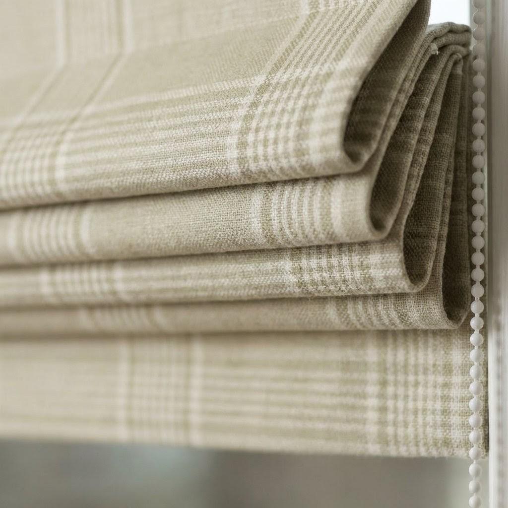 Sage Green Plaid Linen Roman Shade, Custom Corded Window Blind — image 5