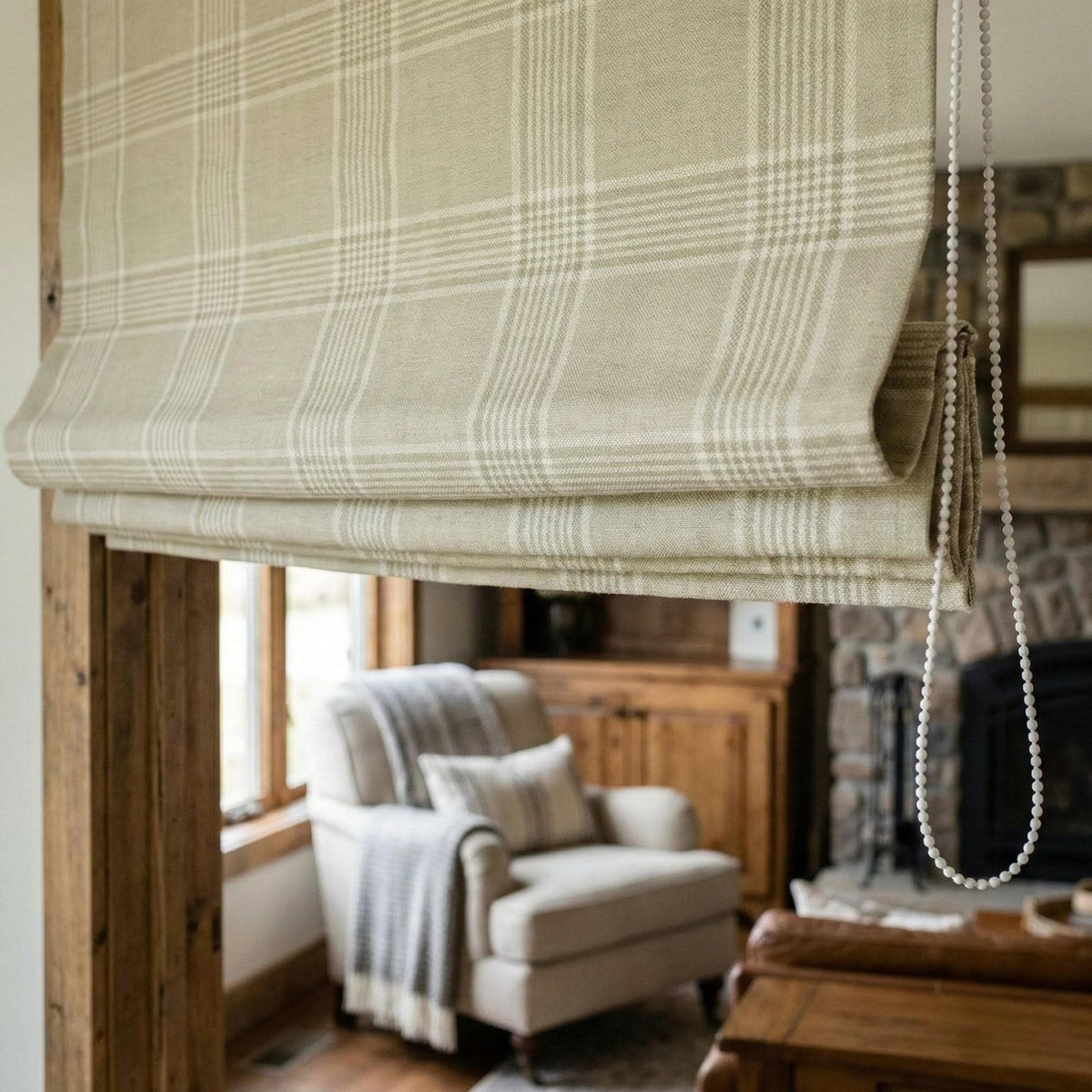 Sage Green Plaid Linen Roman Shade, Custom Corded Window Blind — image 7
