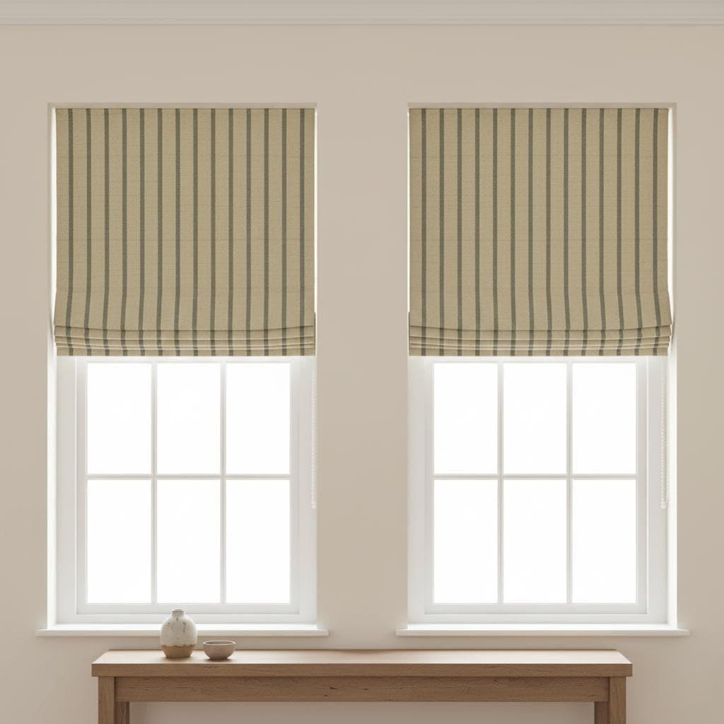 Custom Linen Roman Shade: Beige Sage Vertical Stripes, Light Control — image 7