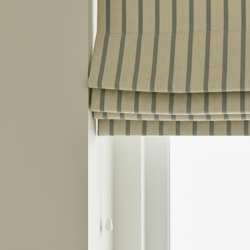 Custom Linen Roman Shade: Beige Sage Vertical Stripes, Light Control — image 8