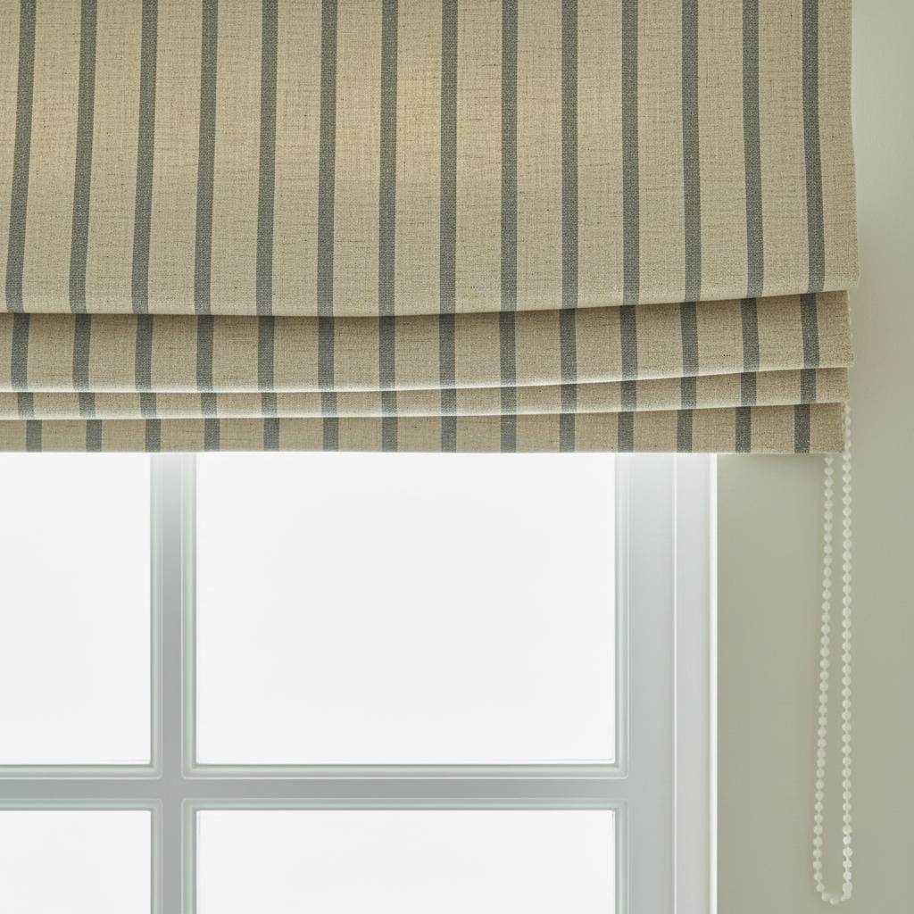 Custom Linen Roman Shade: Beige Sage Vertical Stripes, Light Control — image 9