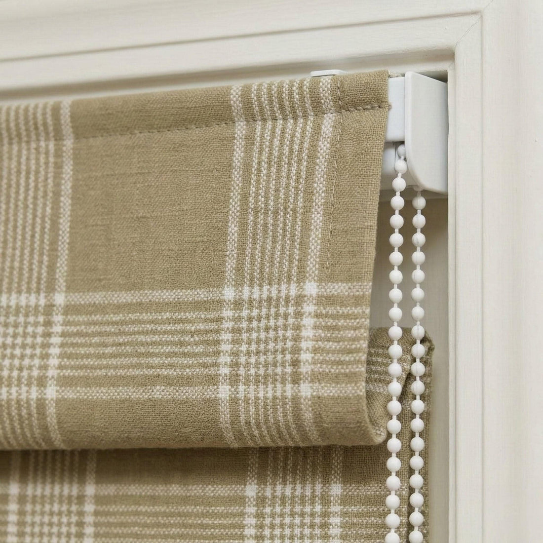 Farmhouse Plaid Linen Roman Shade, Custom Beige Cream Window Blind — image 1
