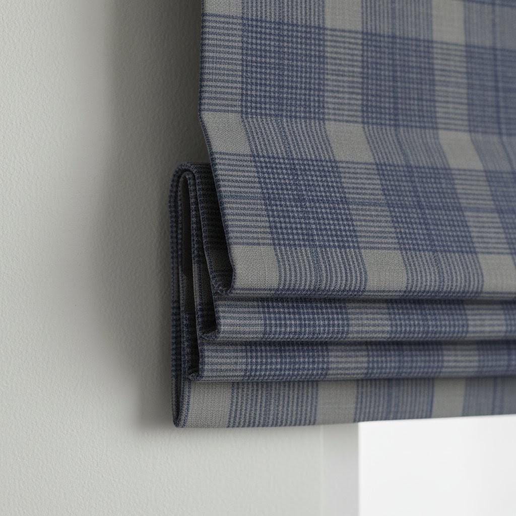 Roman Shade: Navy & Slate Glen Plaid Linen - Corded, Custom Fit — image 1