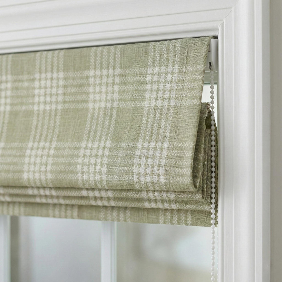 Sage Green Plaid Linen Roman Shade, Farmhouse Window Blind, Custom Made — image 1