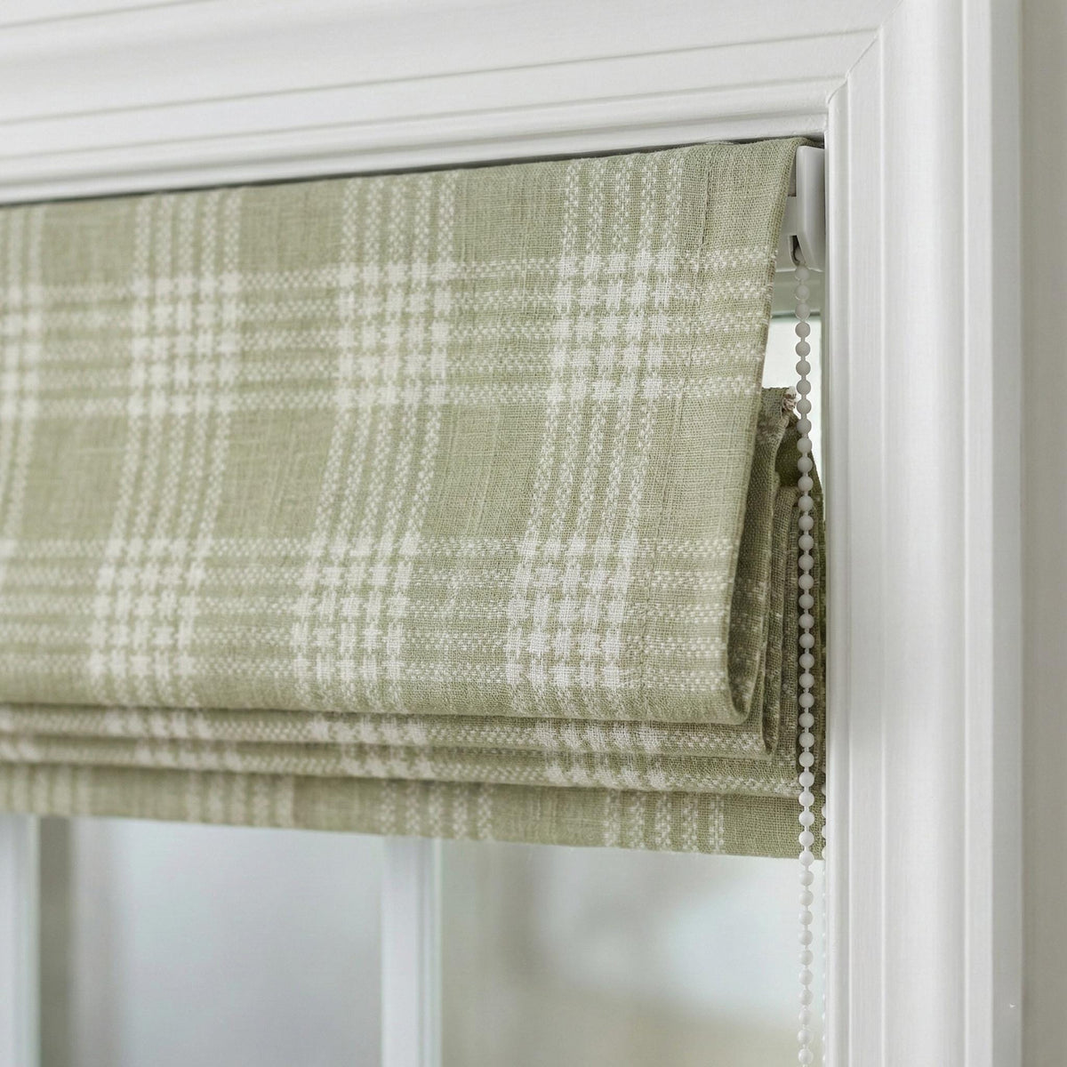 Sage Green Plaid Linen Roman Shade, Farmhouse Window Blind, Custom Made — image 1