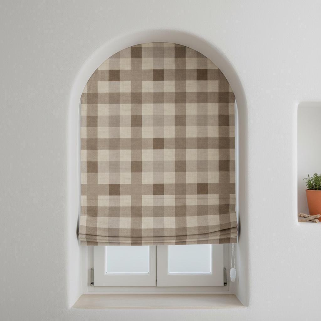 Taupe Beige Gingham Linen Roman Shade, Farmhouse Window Blind — image 1