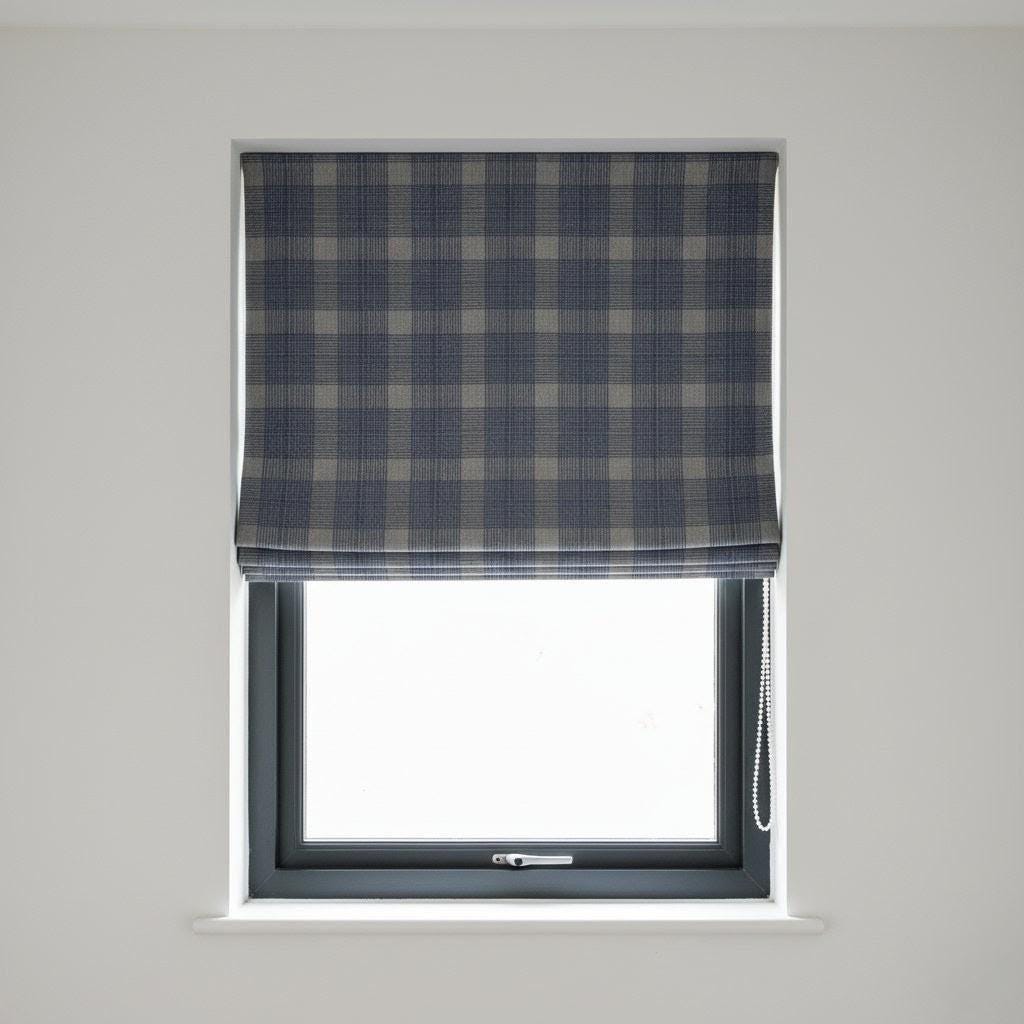 Roman Shade: Navy & Slate Glen Plaid Linen - Corded, Custom Fit — image 2