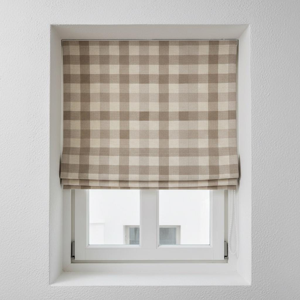 Taupe Beige Gingham Linen Roman Shade, Farmhouse Window Blind — image 2