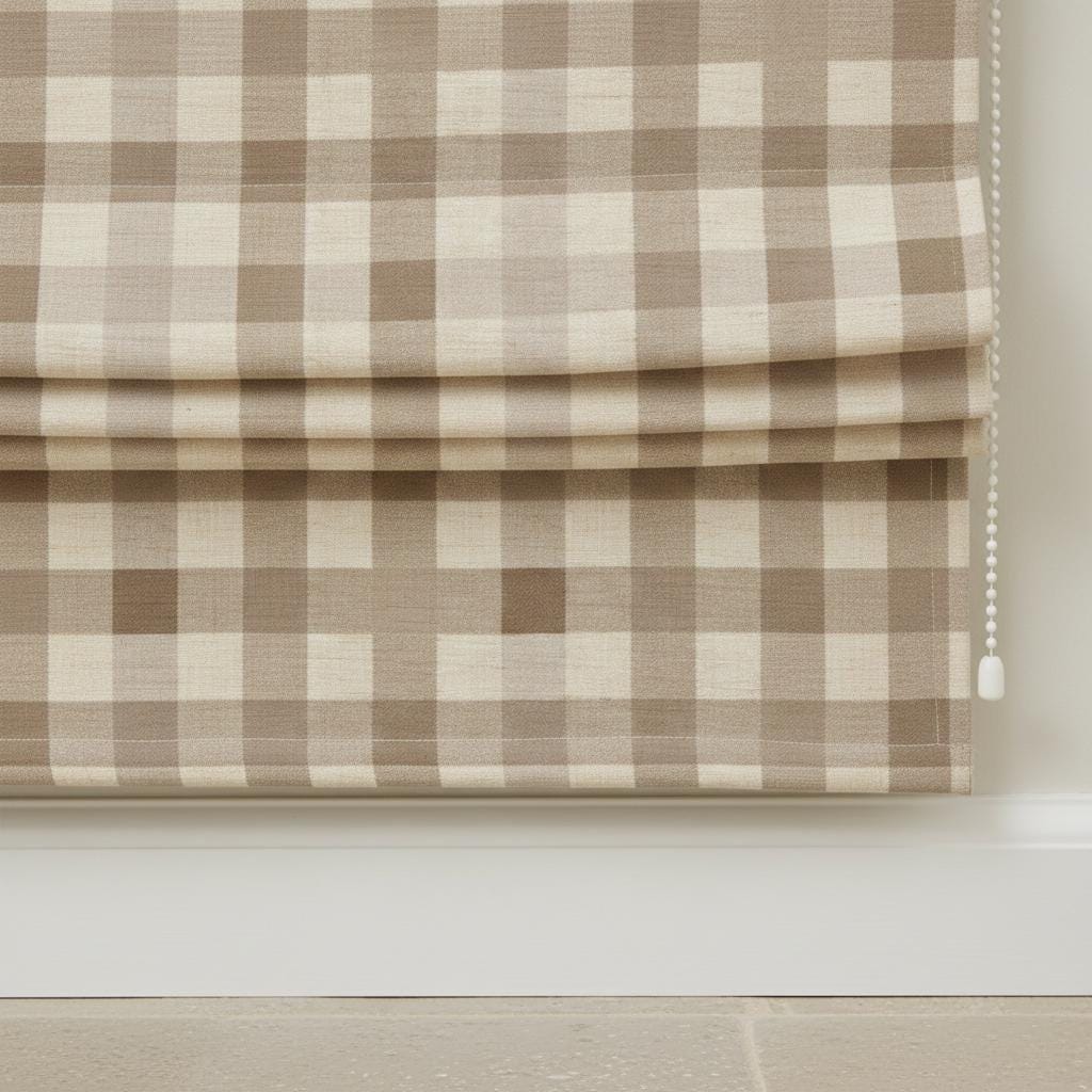 Taupe Beige Gingham Linen Roman Shade, Farmhouse Window Blind — image 3