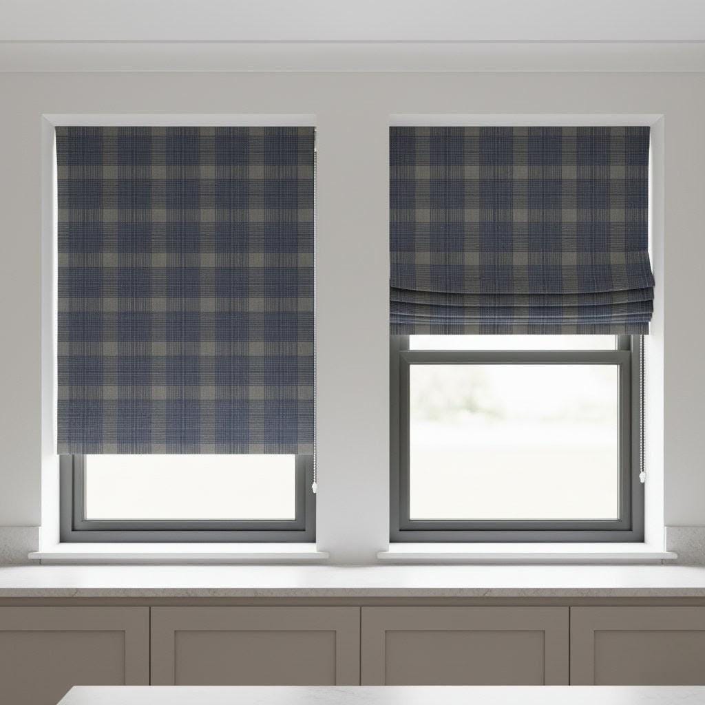 Roman Shade: Navy & Slate Glen Plaid Linen - Corded, Custom Fit — image 8