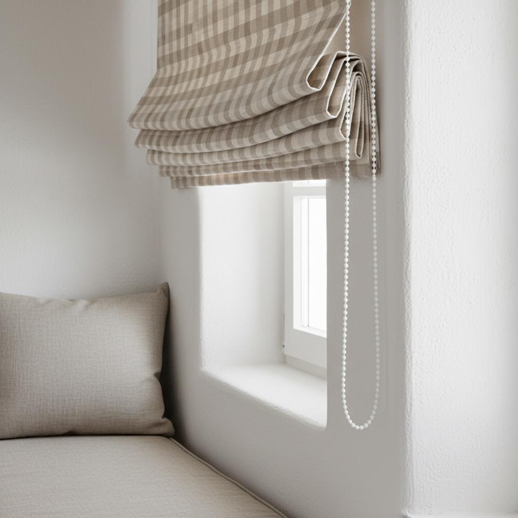 Taupe Beige Gingham Linen Roman Shade, Farmhouse Window Blind — image 8