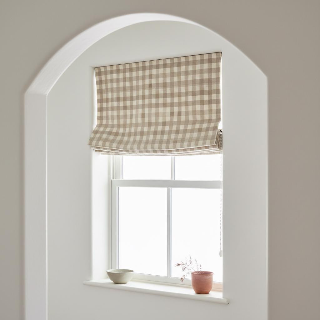 Taupe Beige Gingham Linen Roman Shade, Farmhouse Window Blind — image 9