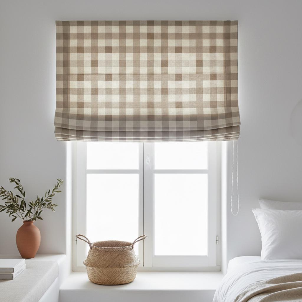 Taupe Beige Gingham Linen Roman Shade, Farmhouse Window Blind — image 10