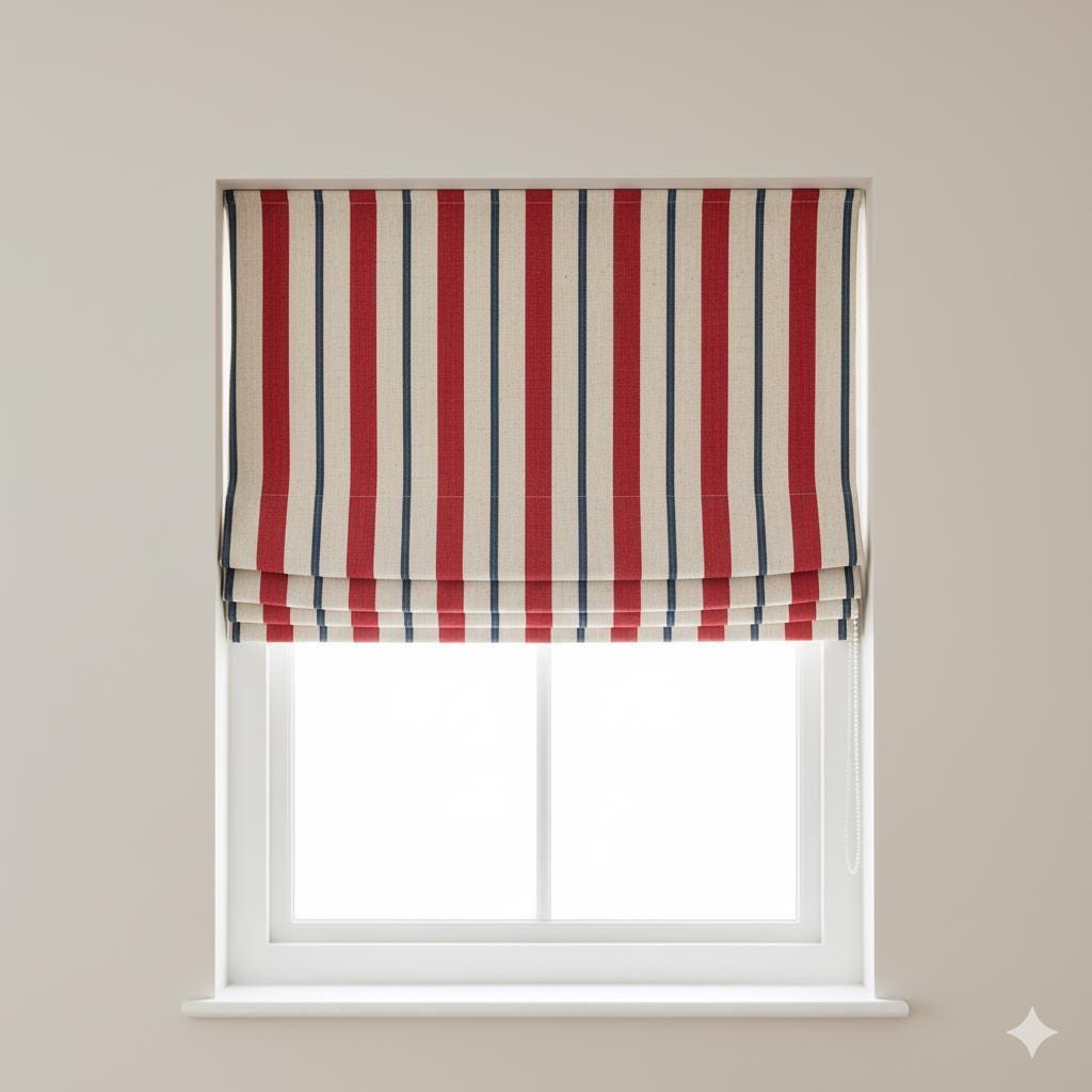 Farmhouse Stripe Roman Shades: Red & Navy Linen, Custom Sized — image 1