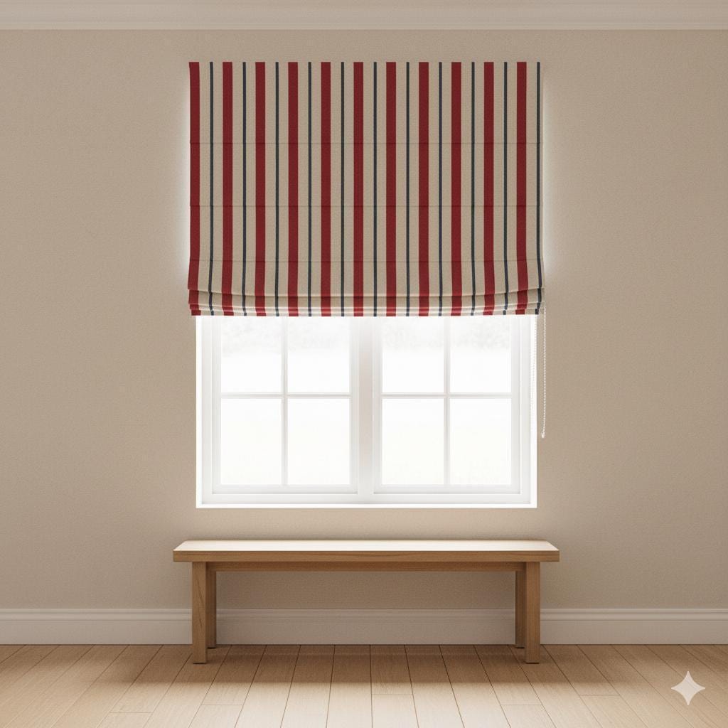 Farmhouse Stripe Roman Shades: Red & Navy Linen, Custom Sized — image 1