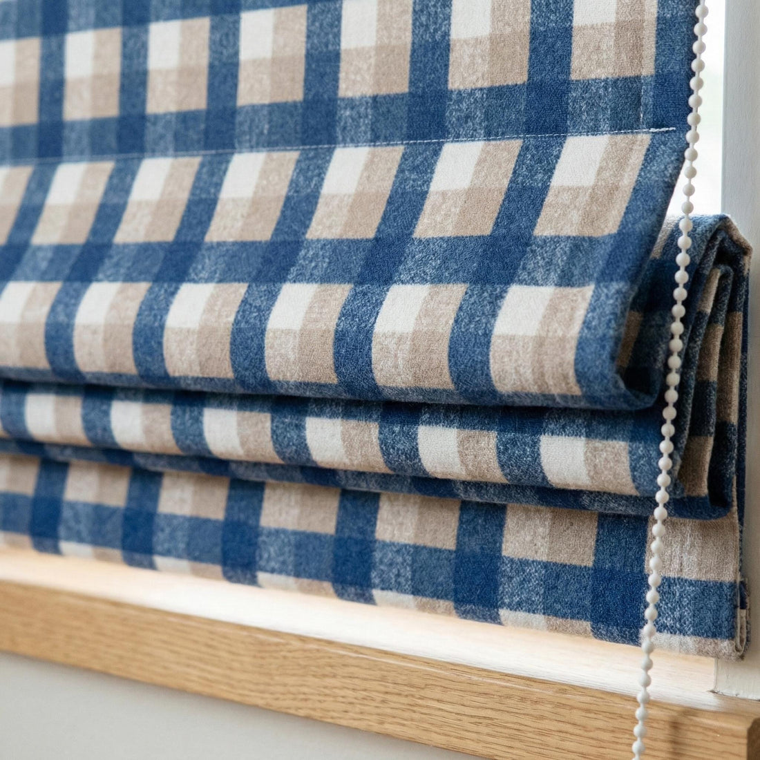 Roman Shade: Blue Beige Buffalo Check - Organic Linen, Custom Size — image 1