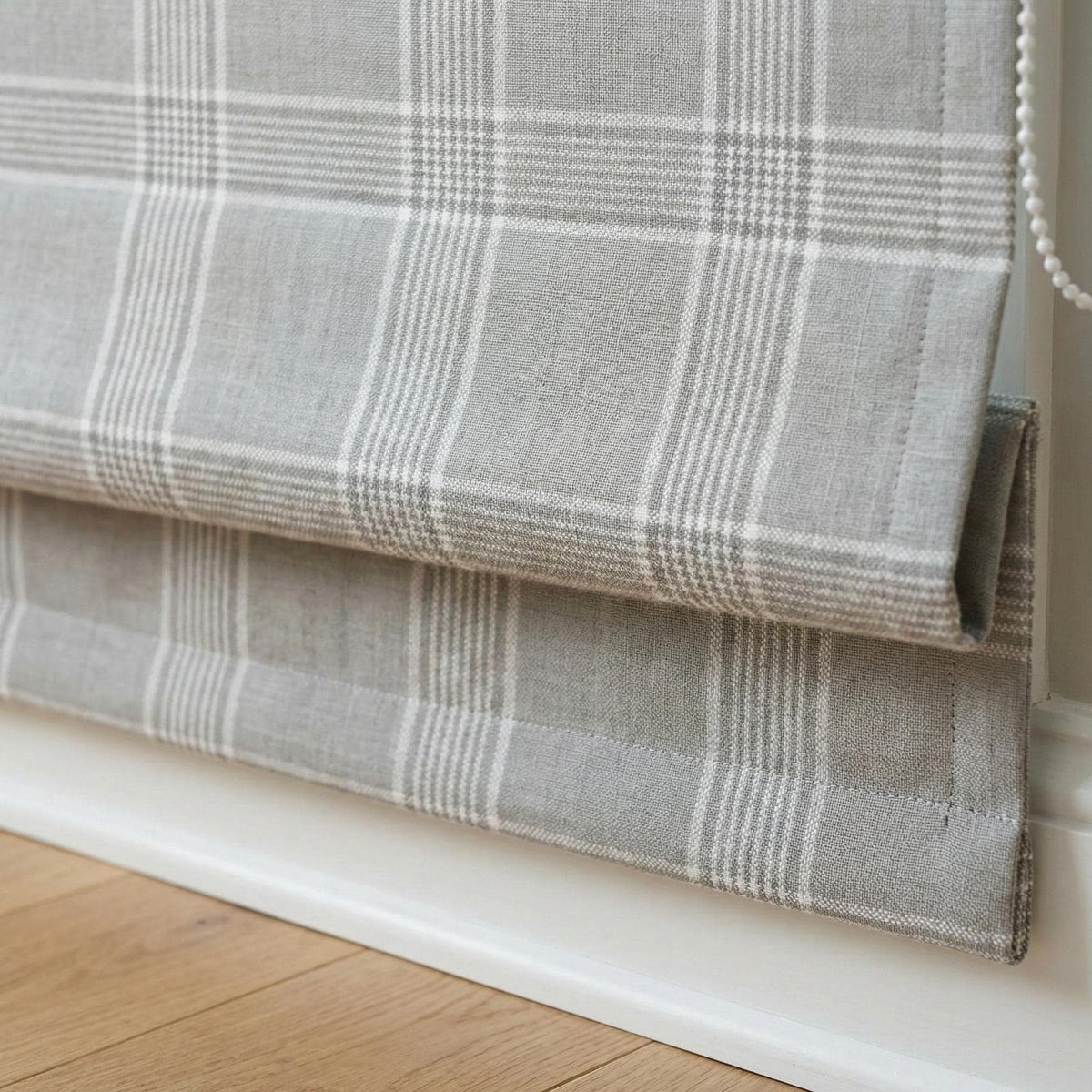 Custom Grey Plaid Linen Roman Shade, Farmhouse Window Blind — image 1
