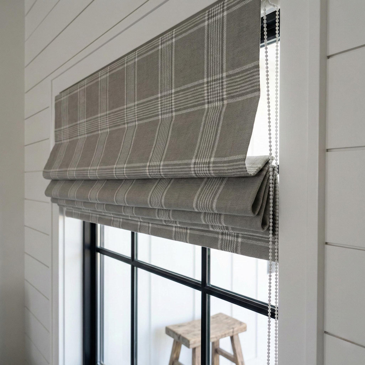 Custom Grey Plaid Linen Roman Shade, Farmhouse Window Blind — image 4