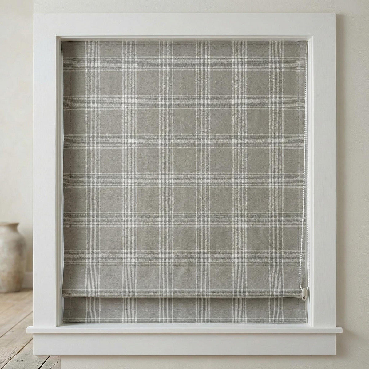 Custom Grey Plaid Linen Roman Shade, Farmhouse Window Blind — image 7