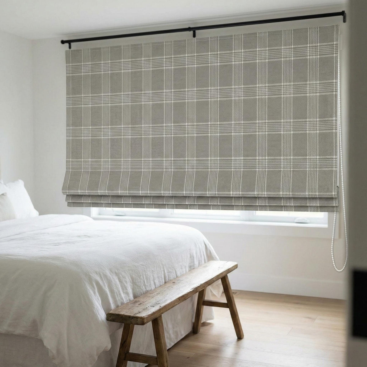 Custom Grey Plaid Linen Roman Shade, Farmhouse Window Blind — image 8