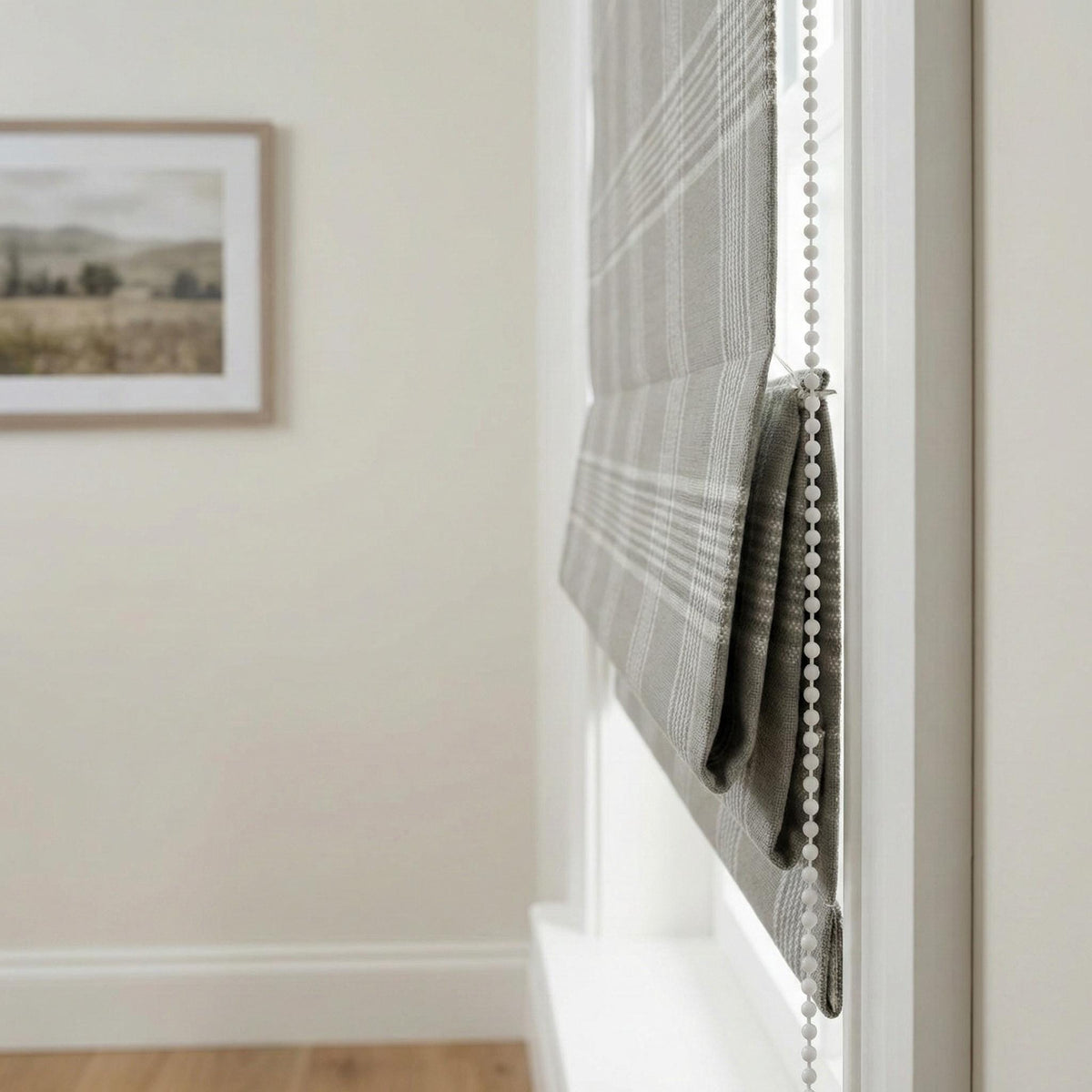 Custom Grey Plaid Linen Roman Shade, Farmhouse Window Blind — image 10