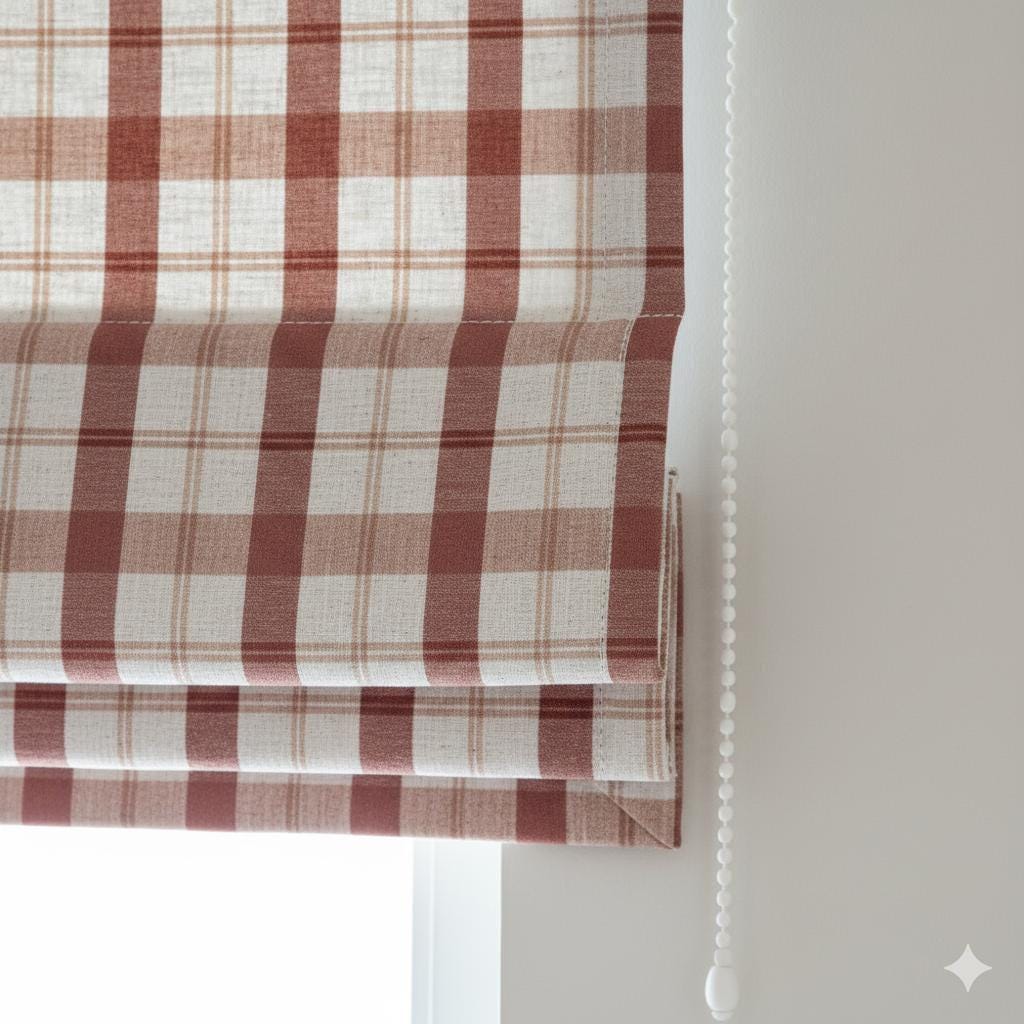 Terracotta Check Roman Shade - Custom Linen with Blackout or Light Filter Liner — image 1