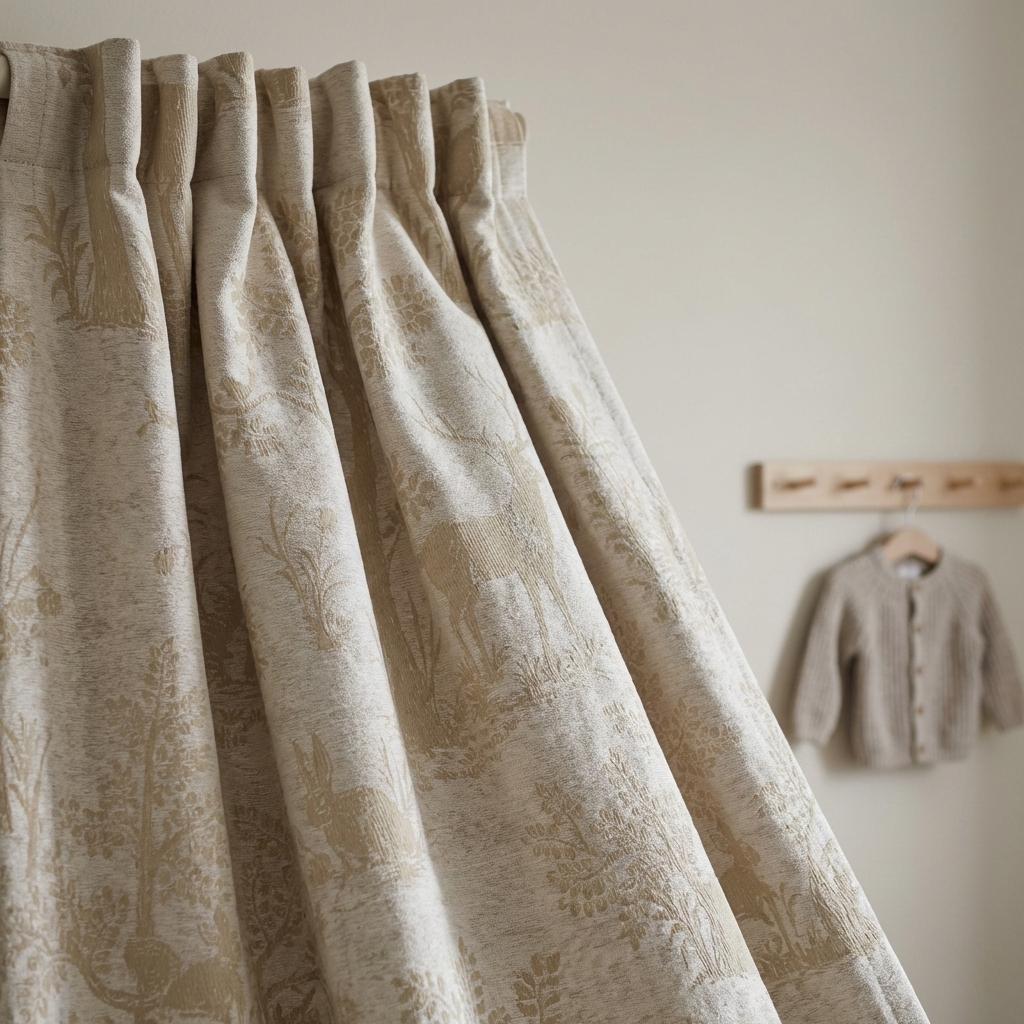Beige Silk-Linen Jacquard Curtains, Woodland Deer Toile, Custom Blackout Nursery Drapes — image 10