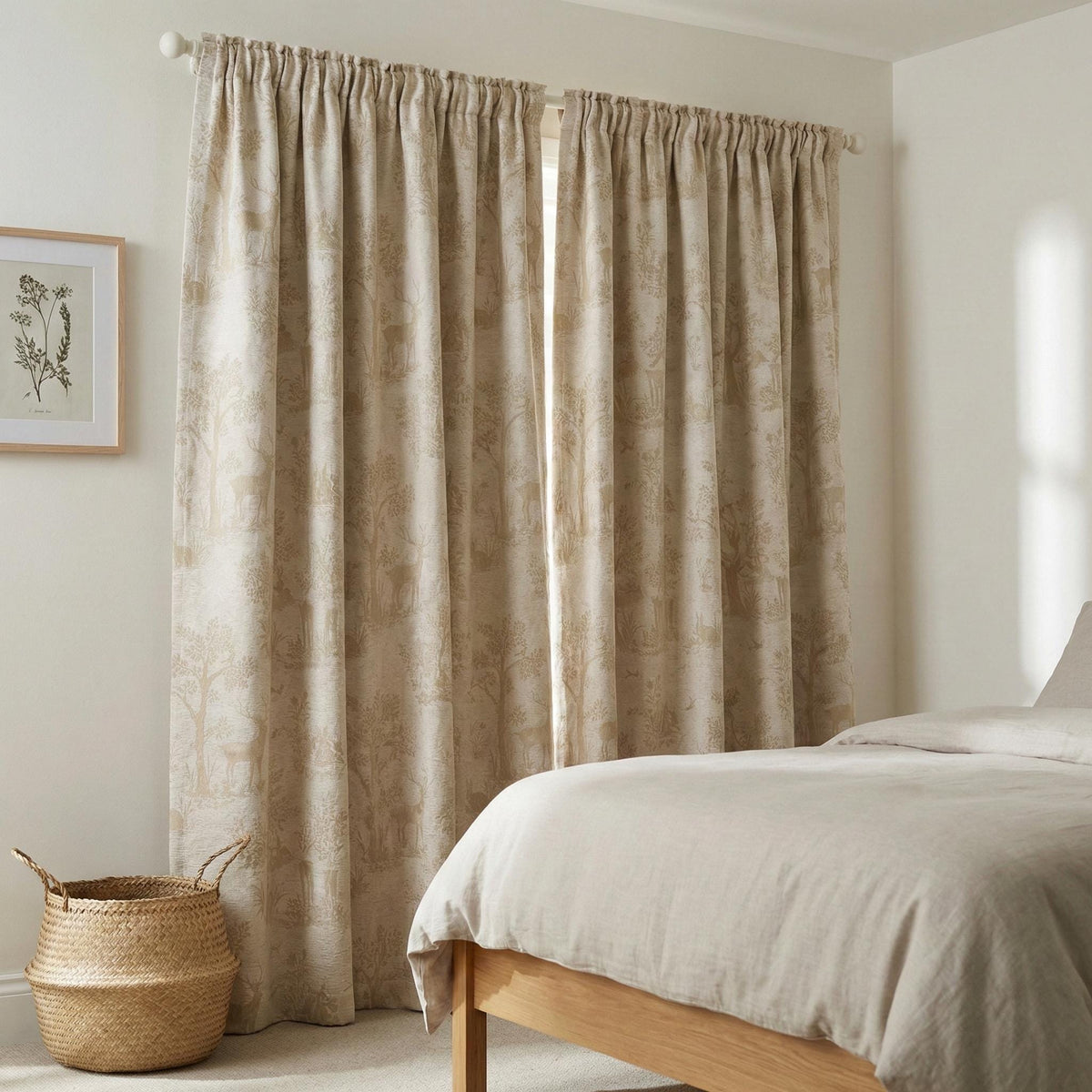 Beige Silk-Linen Jacquard Curtains, Woodland Deer Toile, Custom Blackout Nursery Drapes — image 7