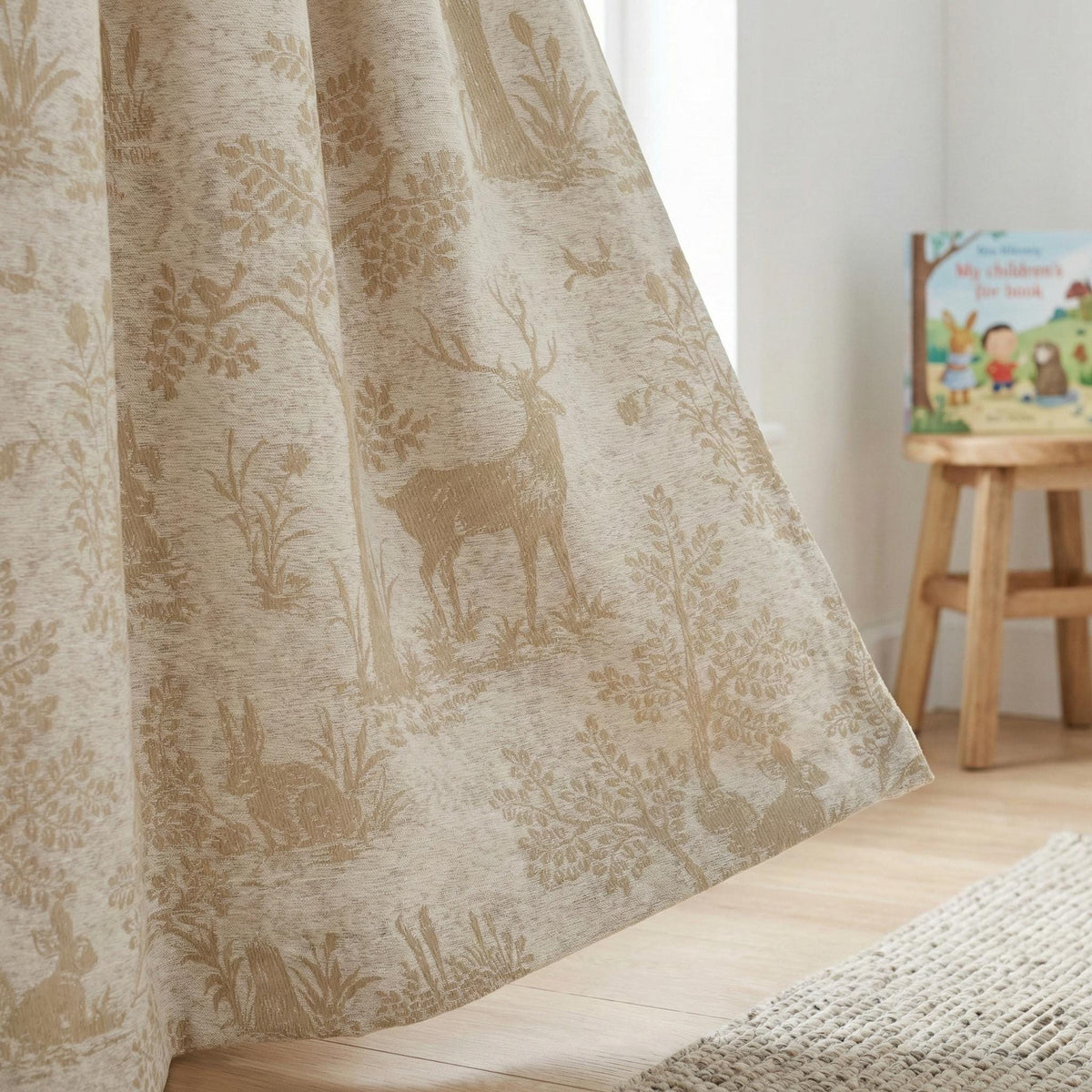 Beige Silk-Linen Jacquard Curtains, Woodland Deer Toile, Custom Blackout Nursery Drapes — image 5