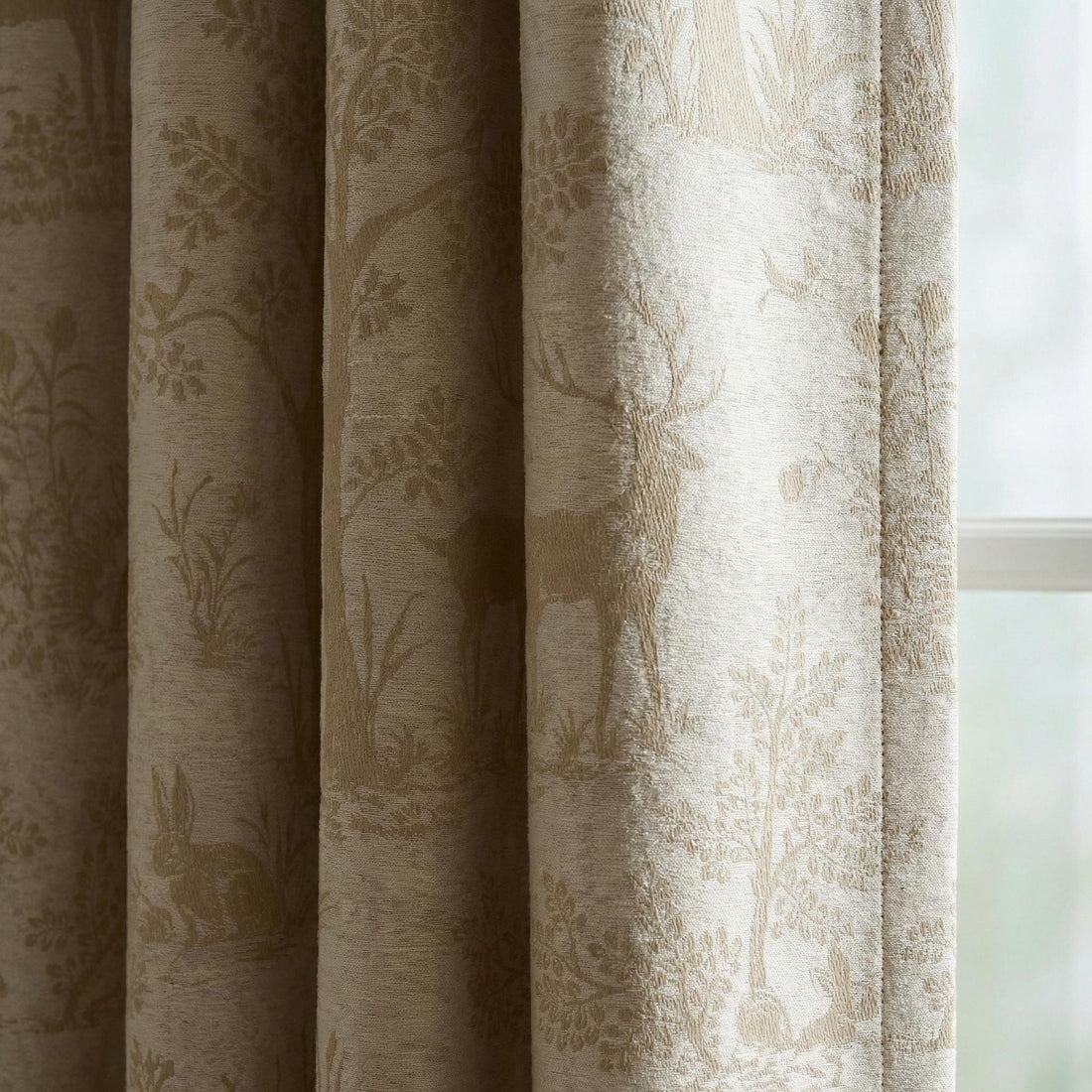 Beige Silk-Linen Jacquard Curtains, Woodland Deer Toile, Custom Blackout Nursery Drapes — image 1