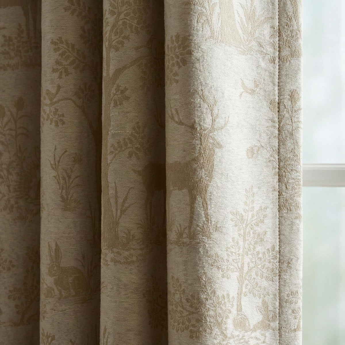 Beige Silk-Linen Jacquard Curtains, Woodland Deer Toile, Custom Blackout Nursery Drapes — image 2