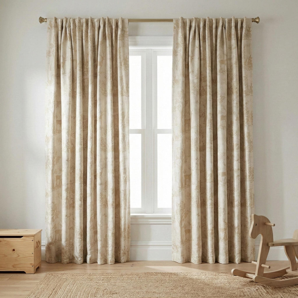 Beige Silk-Linen Jacquard Curtains, Woodland Deer Toile, Custom Blackout Nursery Drapes — image 9