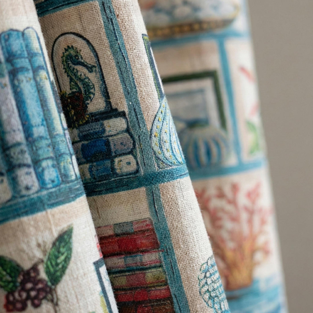 Coastal Nursery Linen Curtains, Ocean Blue Bookshelf Print — image 1