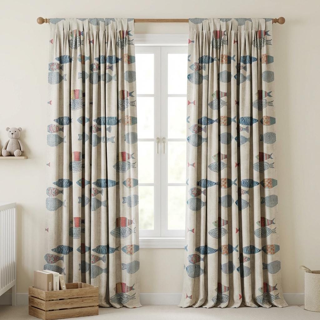 Embroidered Fish Linen Curtains, Coastal Nursery Decor, Flax Drapes — image 10