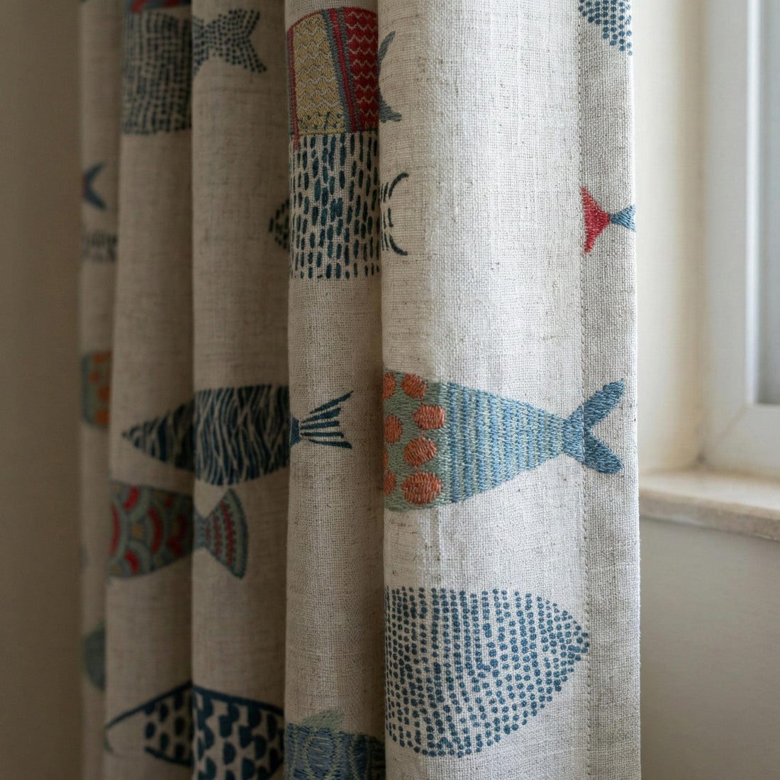 Embroidered Fish Linen Curtains, Coastal Nursery Decor, Flax Drapes — image 1