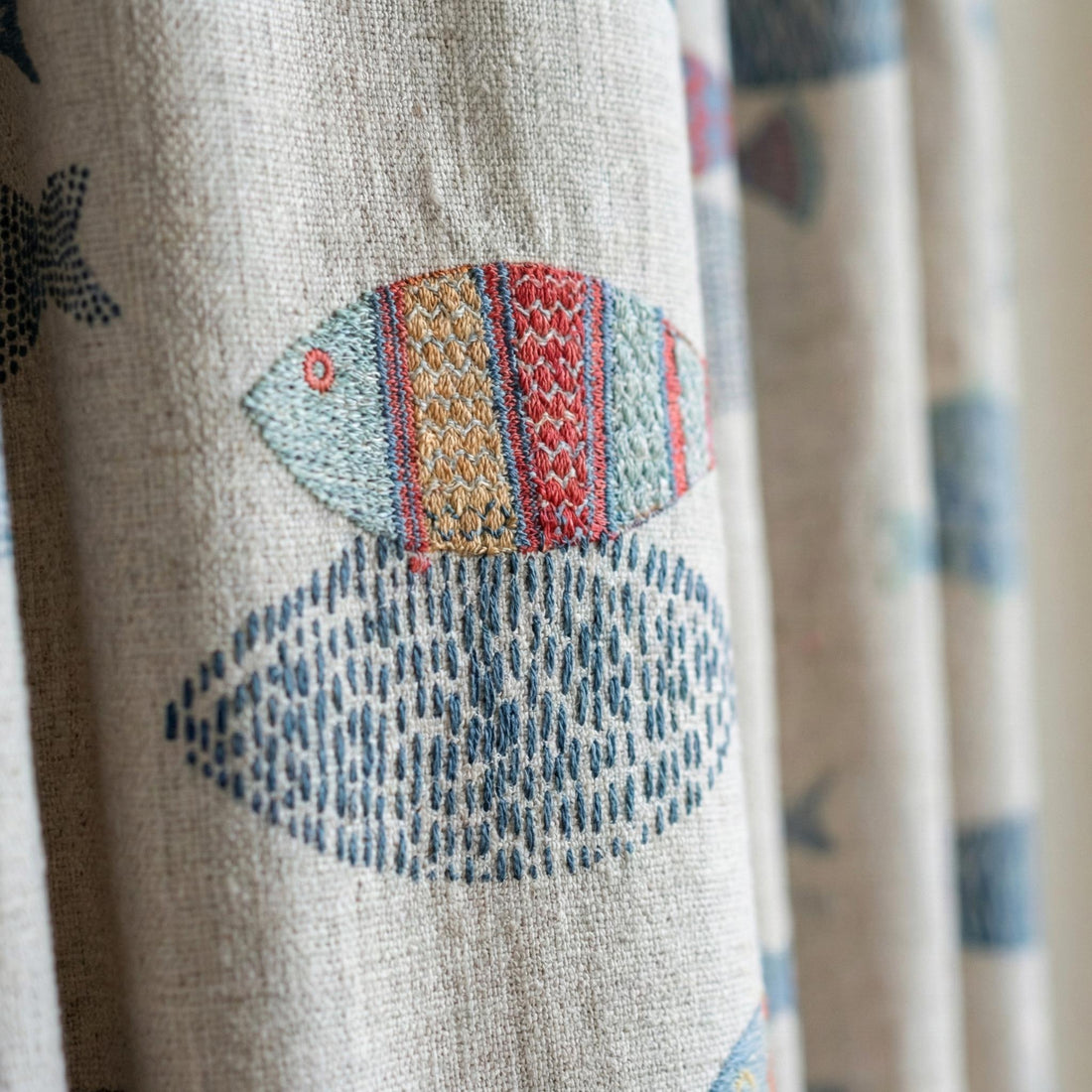 Embroidered Fish Linen Curtains, Coastal Nursery Decor, Flax Drapes — image 1